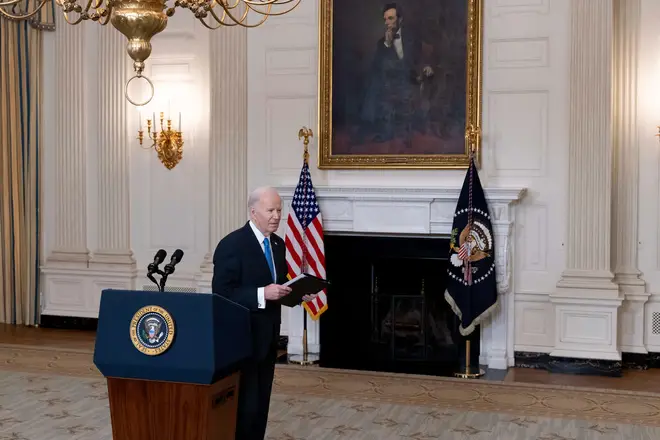 US President Joe Biden leaves after delivering remarks in the State Dining Room of the White House in Washington, DC, USA. February 13, 2024