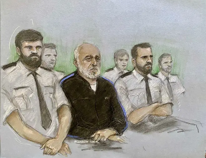 Court artist drawing by Elizabeth Cook of Piran Ditta Khan appearing at Leeds Crown Court charged with the 2005 murder of Police Constable Sharon Beshenivsky in Bradford
