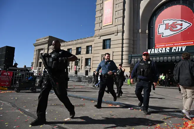 Law enforcement responds to a shooting at Union Station during the Kansas City Chiefs Super Bowl LVIII victory parade on February 14, 2024 in Kansas City, Missouri.