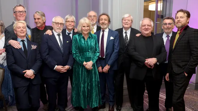 Camilla with Alex Jennings, Freddie Fox, Jeremy Irons, Brian Cox, Tom Courtenay, Peter Egan, Robert Lindsay, Martin Jarvis, Simon Russell Beale, Robert Powell and Samuel West