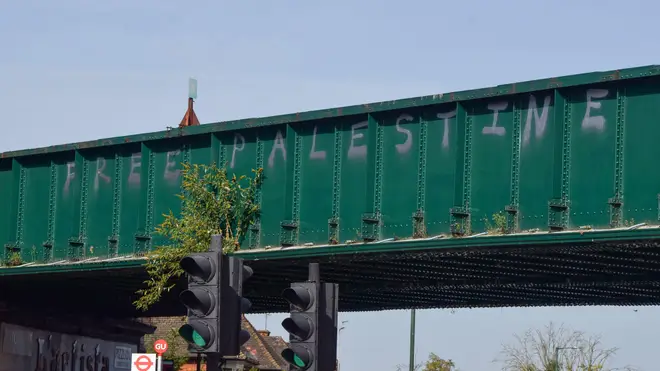 "Free Palestine" graffiti sprayed on a bridge in Golders Green