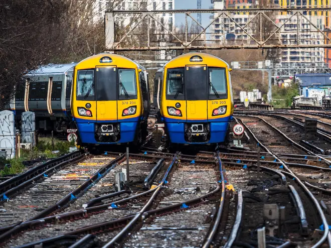 London Overground trains outside Clapham Junction Station in South London