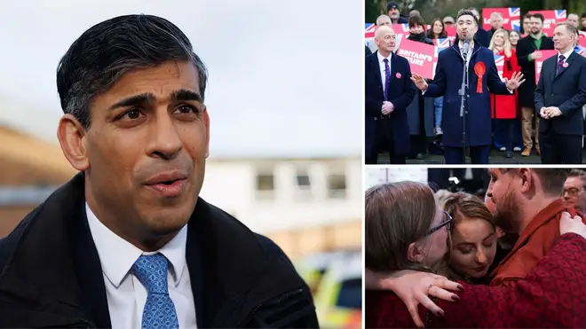 Rishi Sunak (l) puts on a brave face to the Tories by-election defeats on a visit to Harlow. New Kingswood MP Damien Egan (top r) and Wellingborough MP Gem Kitchen (bottom r)