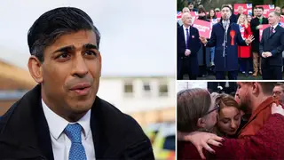 Rishi Sunak (l) puts on a brave face to the Tories by-election defeats on a visit to Harlow. New Kingswood MP Damien Egan (top r) and Wellingborough MP Gem Kitchen (bottom r)