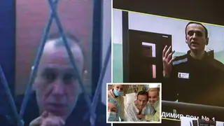 Jailed Russian opposition figure Alexei Navalny is seen on a screen via a video link from the IK-3 penal colony and inset, recovering after his Novichok poisoning