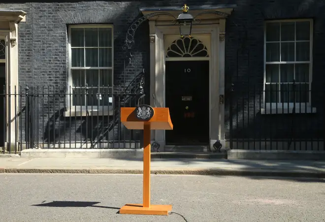 A lectern waits outside Downing Street