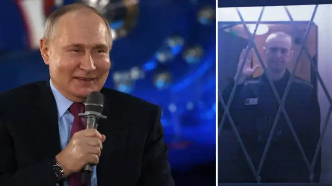 Smirking Vladimir Putin (l) seen meeting power plant workers hours after it emerged Alexei Navalny (r) had died in prison