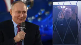 Smirking Vladimir Putin (l) seen meeting power plant workers hours after it emerged Alexei Navalny (r) had died in prison
