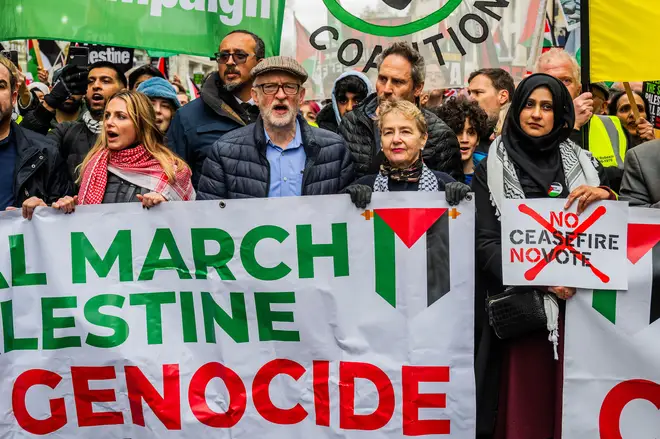 Jeremy Corbyn MP joins the front of the march - A Palestine protest, calling for a Ceasefire Now marches from from Hyde park to the Israeli Embassy
