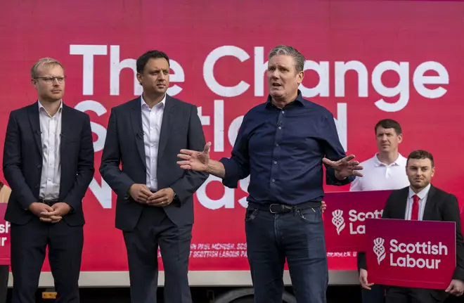 Sir Keir Starmer with Scottish Labour leader Anas Sarwar (centre) and the new Labour MP for Rutherglen and Hamilton West Michael Shanks (left), Saturday