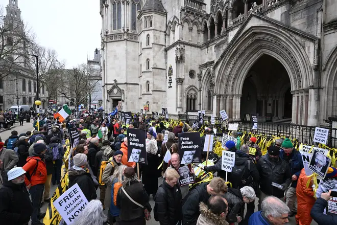 Protesters outside the High Court in support of Julian Assange