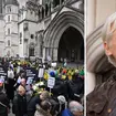 Protesters outside the High Court today and right, Assange pictured outside the Ecuadorian embassy in 2017