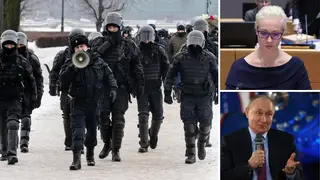 Authorities clamp down on protests in Russia (l). Alexei Navalny's widow Yulia Navalnaya (top r) and Russian tyrant (bottom r)