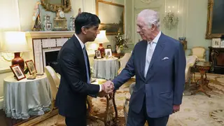 King Charles III with Prime Minister Rishi Sunak at Buckingham Palace, London, for their first in-person audience since the King's diagnosis with cancer
