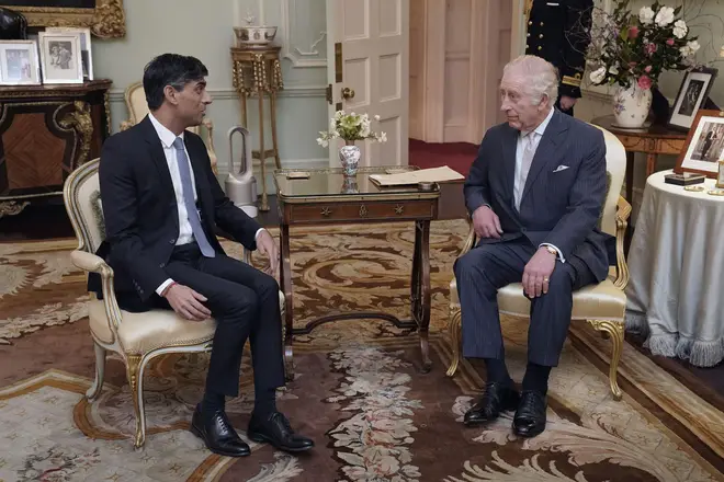 King Charles III with Rishi Sunak at Buckingham Palace for their first in-person audience since the King's diagnosis with cancer, Wednesday
