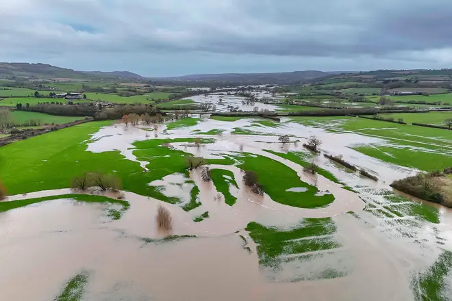 Flooded fields at Axminster in Devon after the River Axe burst its banks