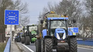 Czech farmers in tractors make their way to the Hodonin/Holic border crossing