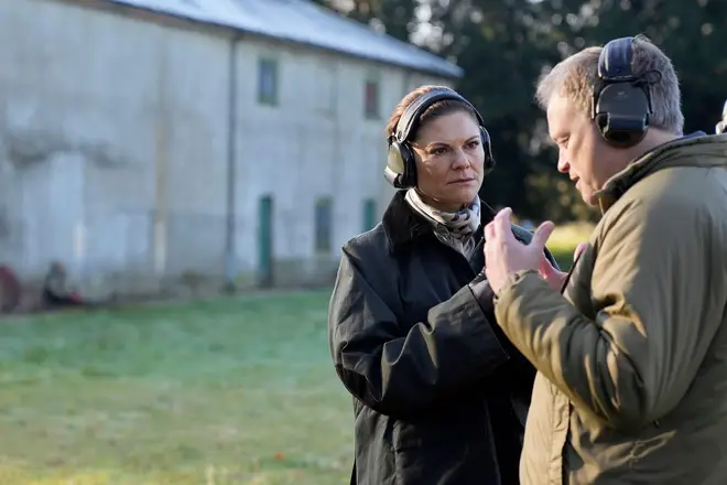 Swedish Crown Princess Victoria speaks to Grant Shapps, during a visit to a military training camp in East Anglia in the UK, to view Swedish military personnel delivering training to Ukrainian soldiers as part of the UK-led Operation Interflex