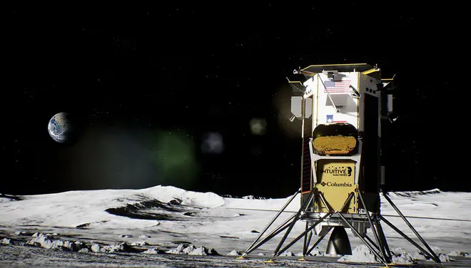 An artist's rendering of the Odysseus spacecraft after a successful landing on the moon.