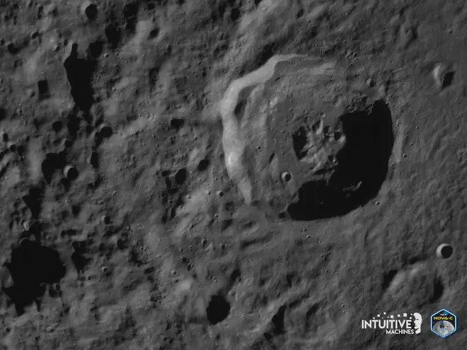 Odysseus' Terrain Relative Navigation camera captured this image of the Bel'kovich K crater in the Moon's northern equatorial highlands