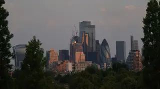 The skyline of the City of London during sunrise
