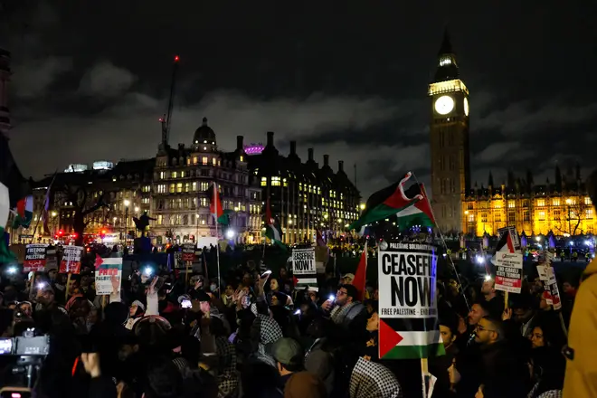 London, UK, 21st February, 2024. Protesters gather for a rally on Parliament Square