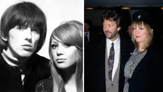 George Harrison with Pattie Boyd (l) and Eric Clapton (r)