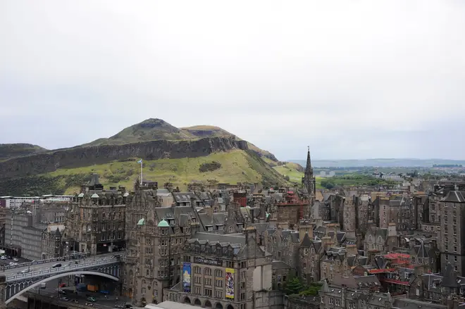 A view of Edinburgh's Oldtown on the Southside of the city with Arthur's Seat and Salisbury Crags in the distance