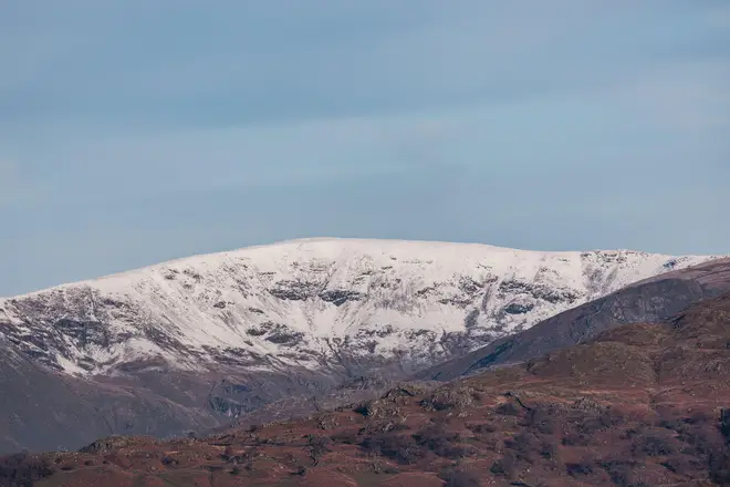 Snow on the high fells above and around Lake Windermere, south Cumbria, the Lake District
