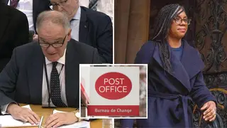 Henry Staunton (left) was fired as chair of the Post Office last month. He has since engaged in a public row with Business Secretary Kemi Bedenoch (right)