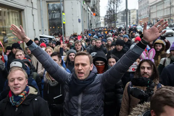 Russian opposition leader Alexei Navalny shouts slogans as he attends a rally in Moscow, January 28, 2018