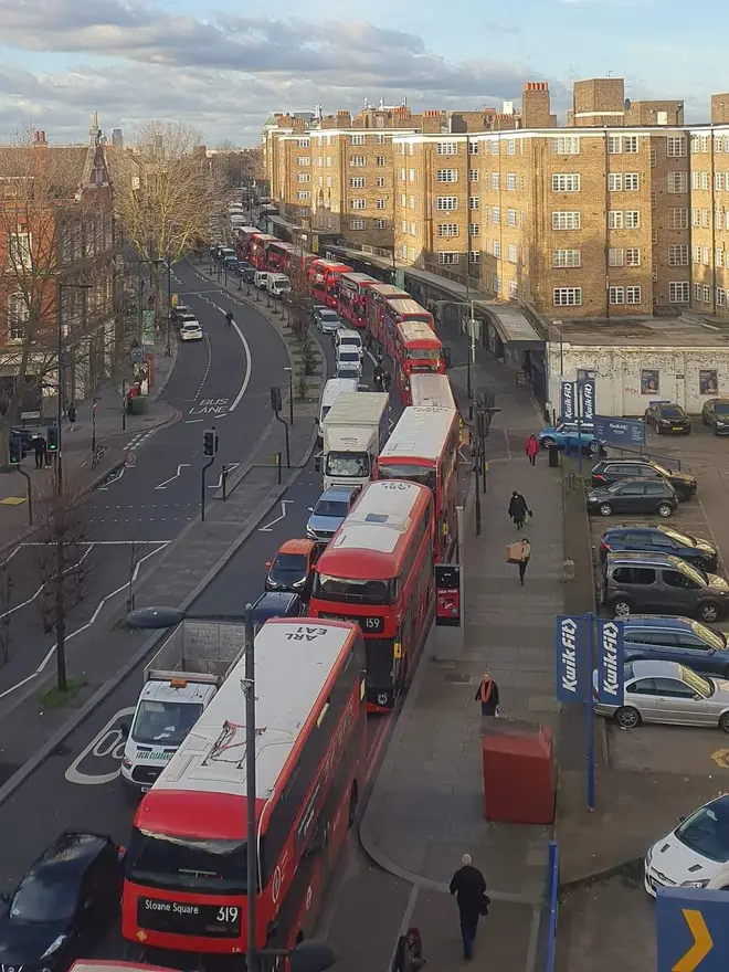 Delays to public transport has lead to huge queues of buses on Streatham High Road