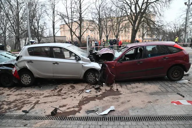 The scene is cordoned off after a car drove through a group of pedestrians in Szczecin, northeastern Poland on March 1