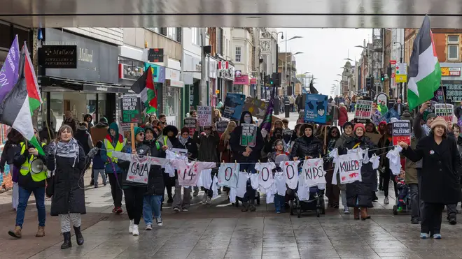 Protesters hold a march and rally in Southend on Sea calling for a ceasefire in Gaza.
