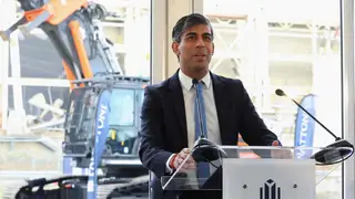 Prime Minister Rishi Sunak delivers a speech to business and construction representatives during a visit to an industrial park being built on the site of the former Honda Swindon car plant
