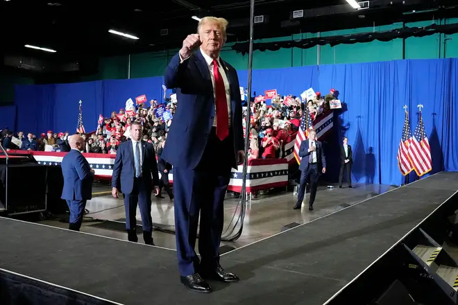 Republican presidential candidate former President Donald Trump gestures at a campaign rally, March 2, Greensboro, N.C.