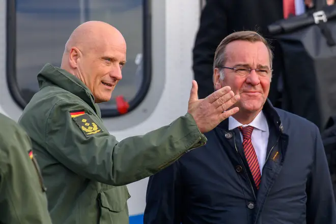 Ingo Gerhartz, Inspector General of the German Air Force, welcomes German Defense Minister Boris Pistorius to Holzdorf Air Base, October 12, 2023