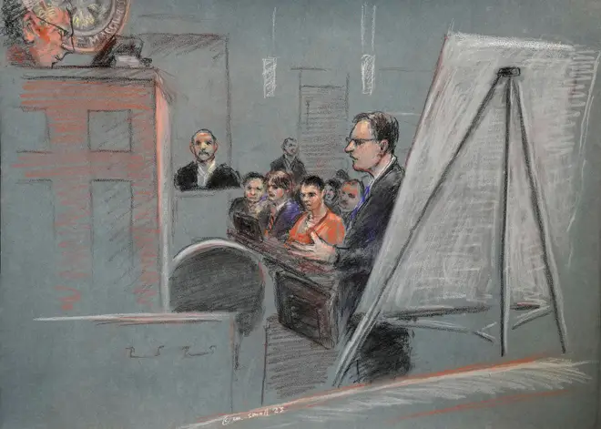 Massachusetts Air National Guardsman Jack Teixeira (centre) is seated as defense attorney Brendan Kelley stands and speaks (right), April 27, 2023, Worcester, Mass.