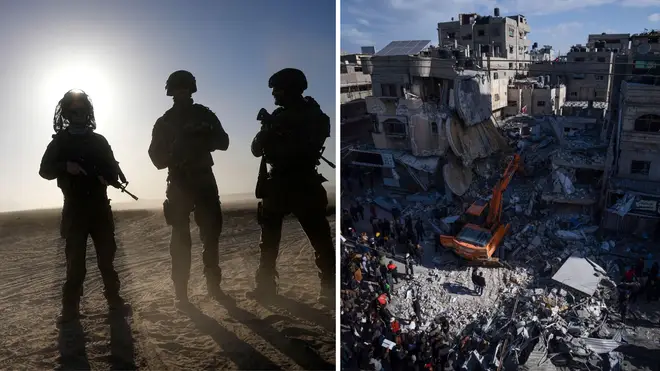 Israeli troops near the border with Gaza (L) and (R) Palestinians search for bodies and survivors in the rubble of a residential building destroyed in an Israeli airstrike in Rafah