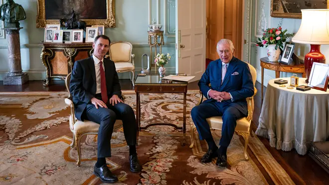 King Charles III meets with Chancellor of the Exchequer Jeremy Hunt in the private audience room at Buckingham Palace, Tuesday
