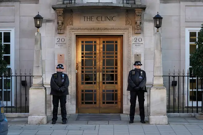 Policewomen stand guard outside The London Clinic where Kate Princess of Wales is recovering from surgery, London, January 18