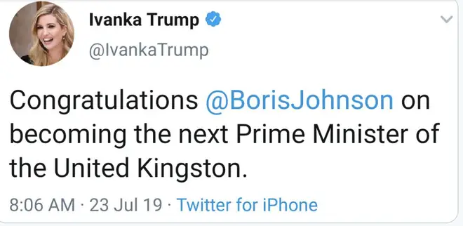 Ivanka Trump's original congratulations tweet