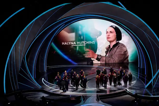 Halyna Hutchins appears on screen during an In Memoriam tribute at the Oscars, March 27, 2022