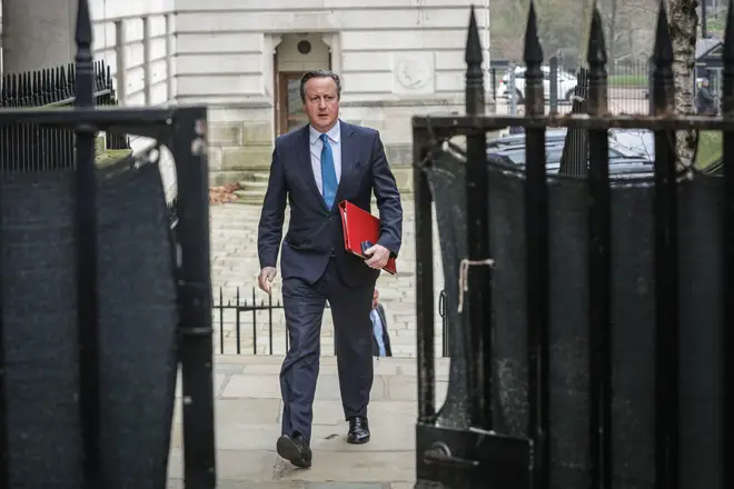 Lord Cameron, Secretary of State for Foreign, Commonwealth and Development Affairs, outside 10 Downing Street in Westminster, Wednesday