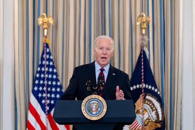 President Joe Biden speaks at the State Dining Room of the White House in Washington, Tuesday