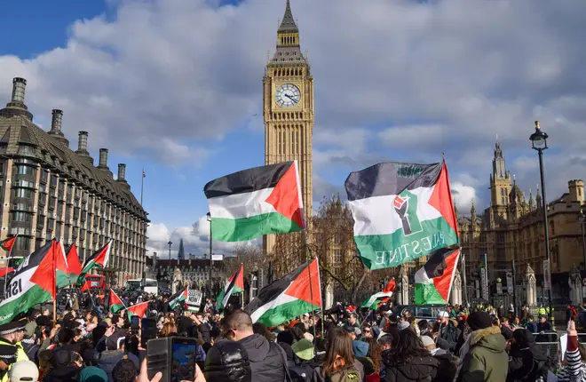 London, UK. 2nd March 2024. Pro-Palestine protesters gather in Westminster