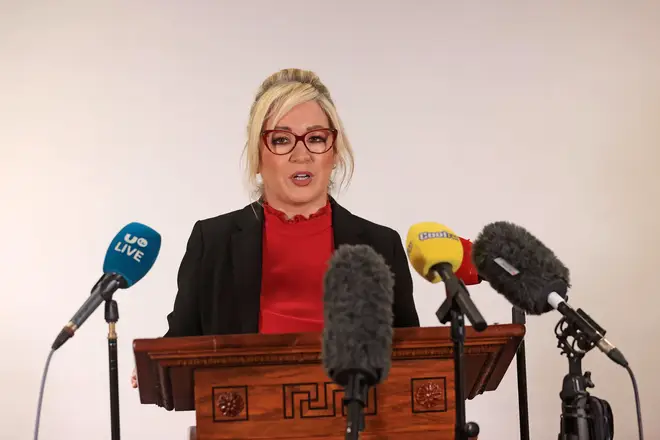 First Minister Michelle O'Neill during a press conference at Parliament Buildings, Stormont.