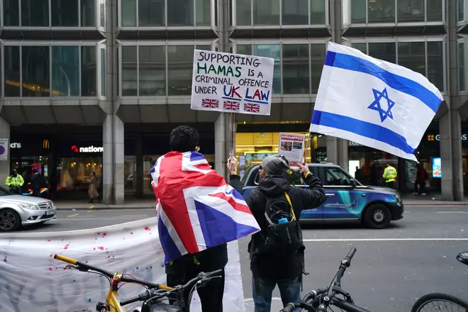 People at a counter-protest to the pro-Palestine marches, in Victoria, central London. Picture date: Saturday March 9, 2024.