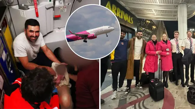 Mr Khan, 28, who luckily had experience in neonatal resuscitation, responded to calls for a doctor by air stewards after the Jordanian woman went into labour.