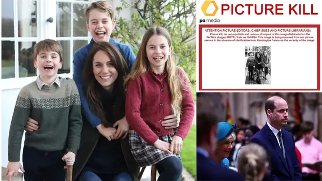 Kate edited controversial Mother's Day picture (l) to make it 'as good as possible' William and Camilla at the Commonwealth Service